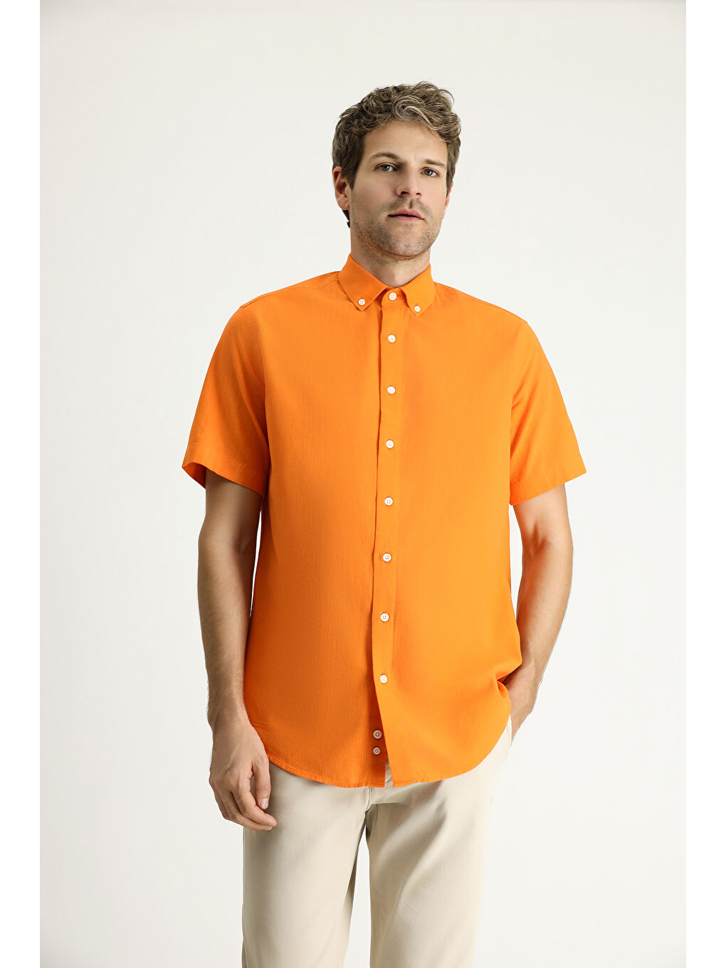 Turuncu Kısa Kol Regular Fit Spor Pamuk Düğmeli Yaka Gömlek-3