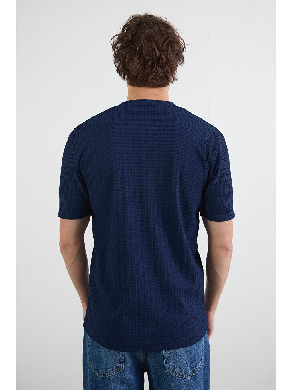 Lacivert Waffle Kumaş Bisiklet Yaka Tişört-3