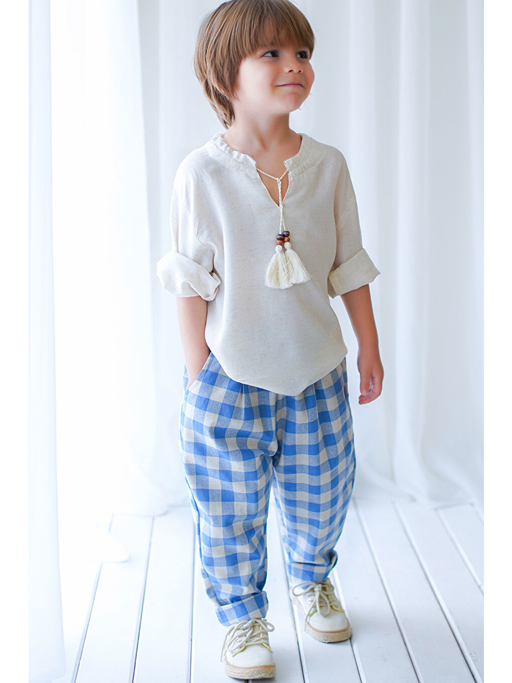 Carrot Pantolon Mavi Krem Ekose Keten-1