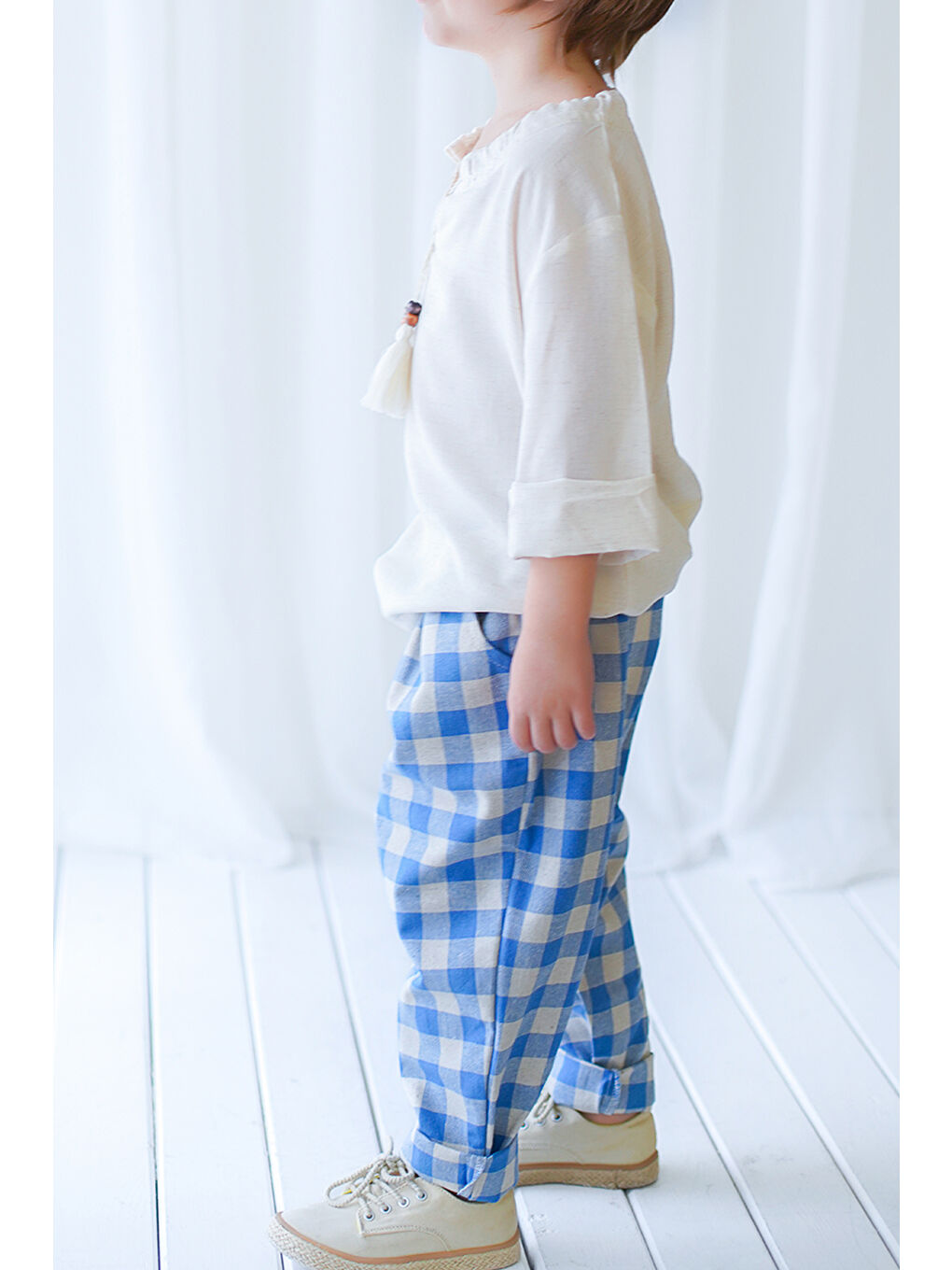 Carrot Pantolon Mavi Krem Ekose Keten-2