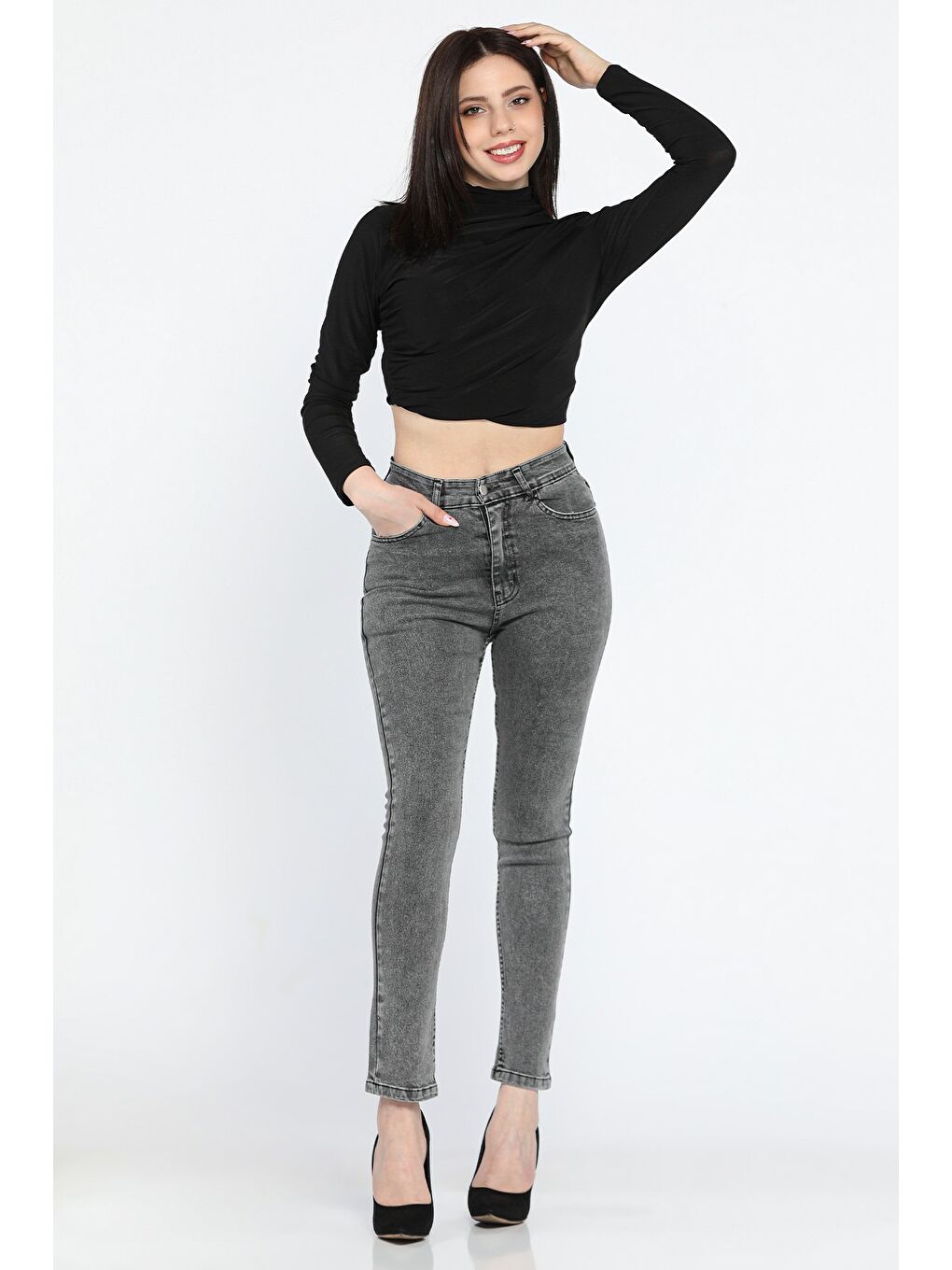 Antrasit Yüksek Bel Kadın Jean Pantolon-1