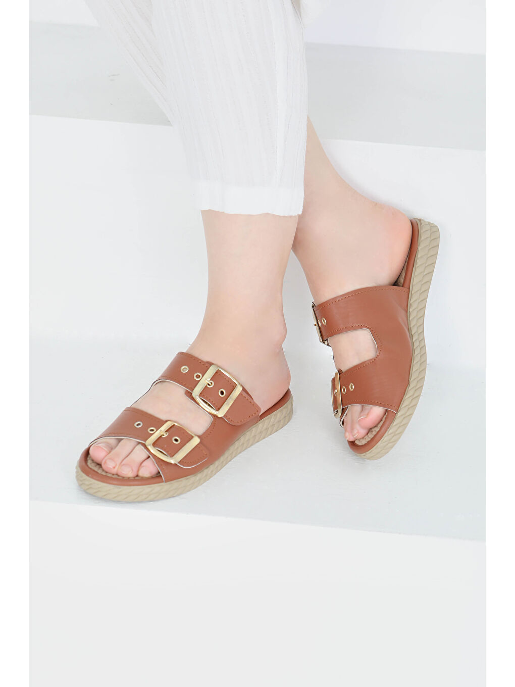 Kahverengi Kadın Taba Çift Tokalı Terlik - 27354-2