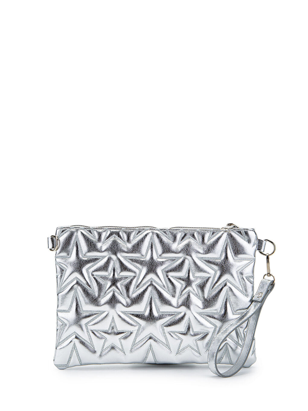 Gri Yıldız Dikişli Clutch Star Kadın Çanta Gümüş Rugan-1