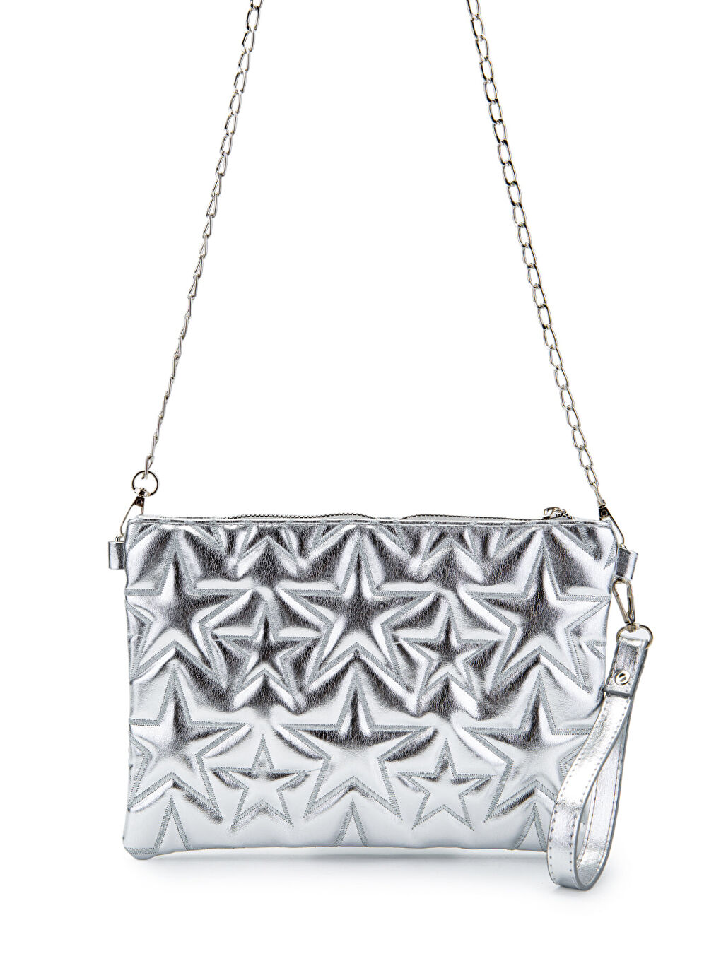 Gri Yıldız Dikişli Clutch Star Kadın Çanta Gümüş Rugan-2