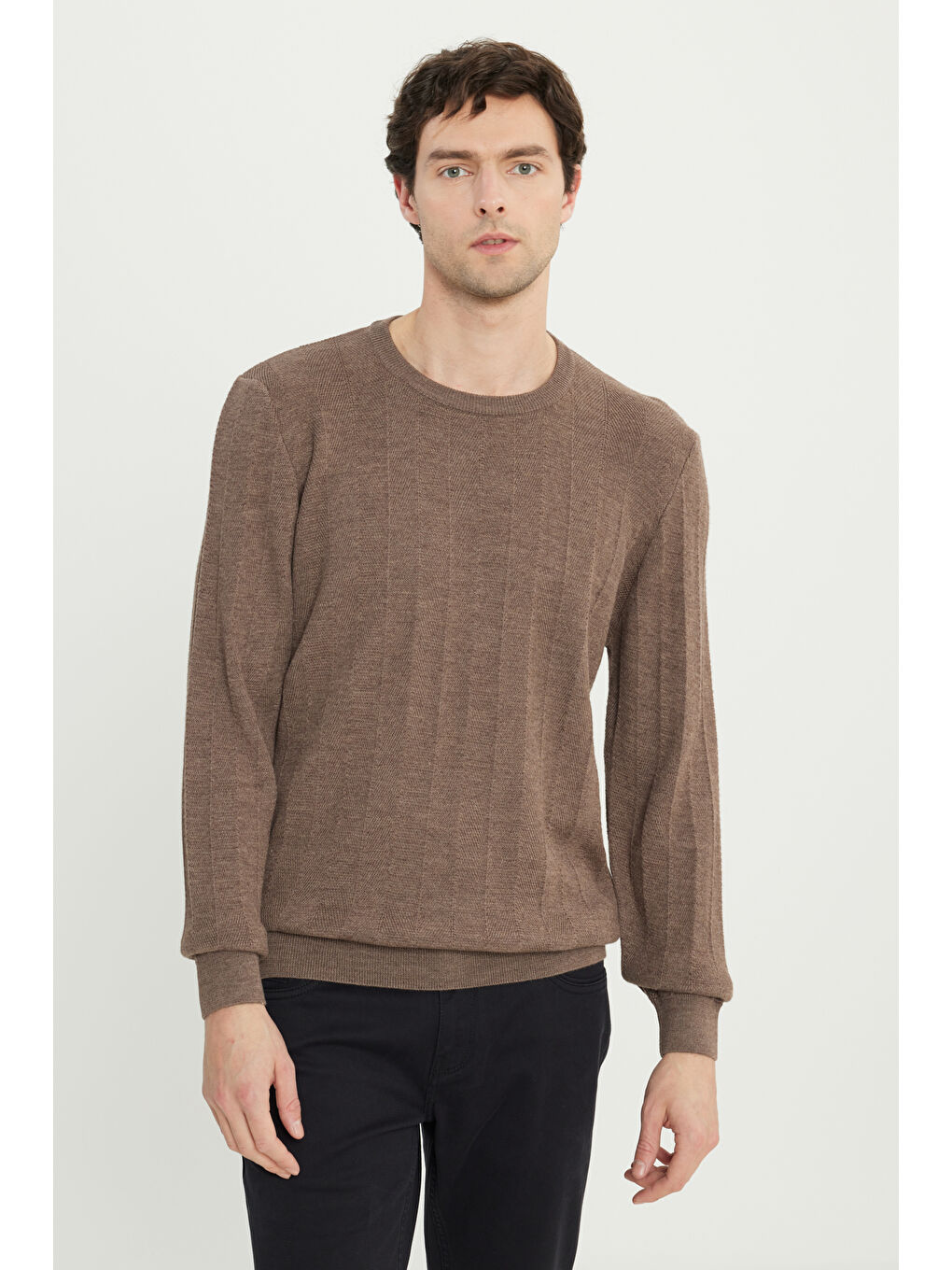 Erkek Kahverengi Yün Standart Fit Normal Kesim Bisiklet Yaka Jakarlı Triko Kazak