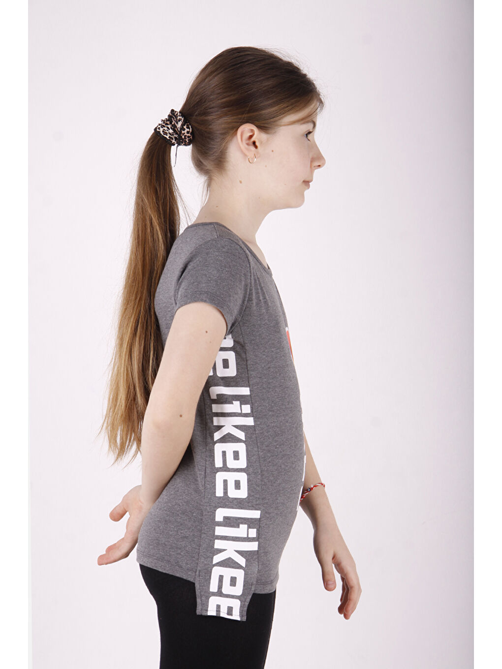 Antrasit Kız Çocuk Likee Baskılı Tişört-1