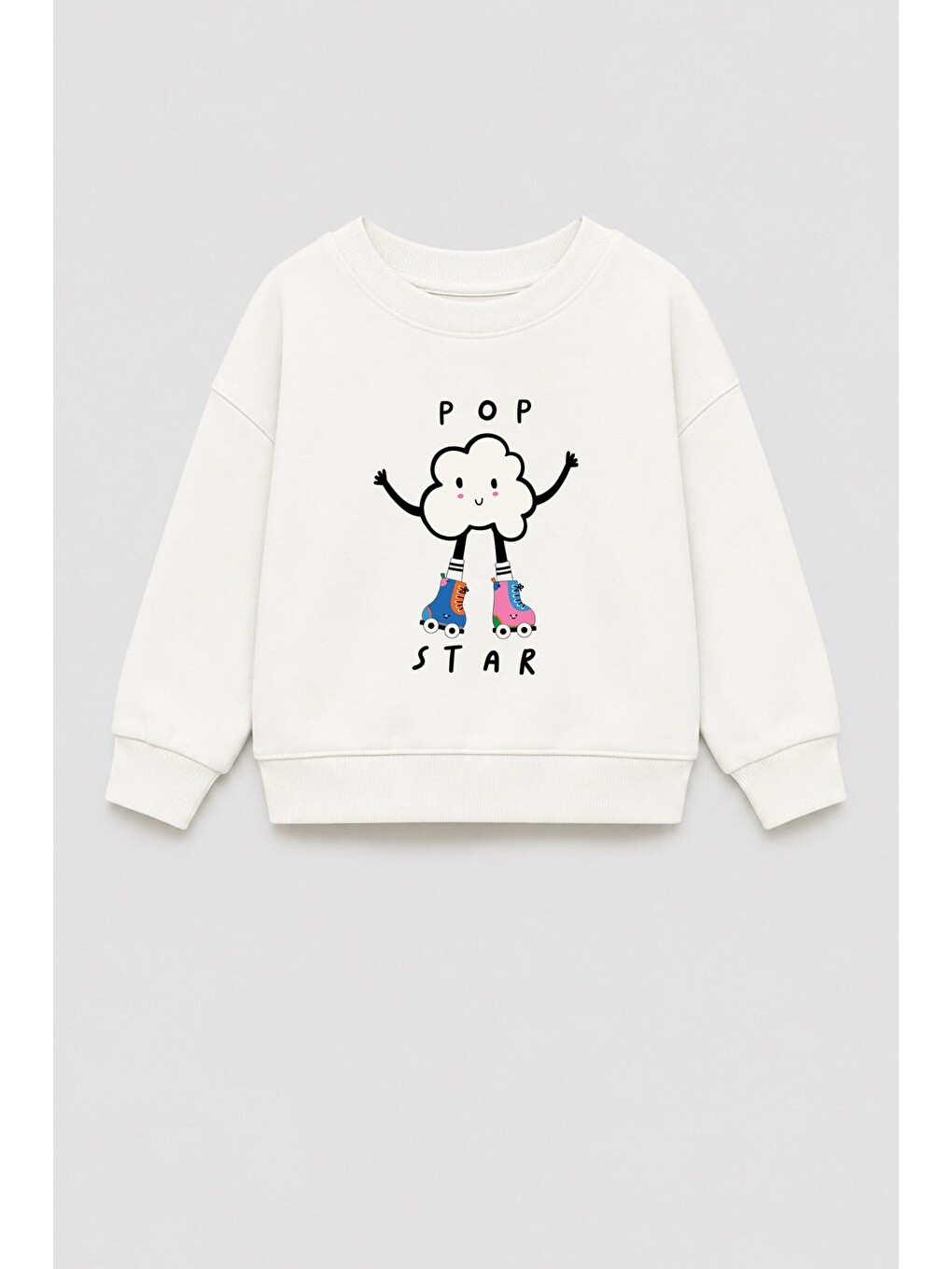 Ekru Kız Çocuk 3 İplik Kumaş Pamuklu Popcorn Baskılı Sweatshirt
