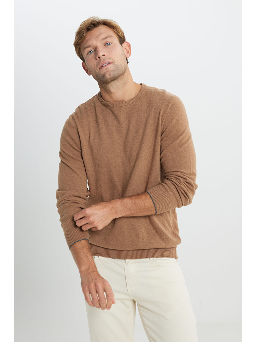 Bej Erkek Vizon Sıcak Tutan Yün Standart Fit Normal Kesim Bisiklet Yaka Triko Kazak-3