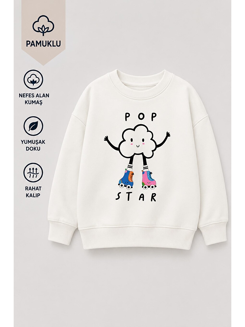 Ekru Kız Çocuk 3 İplik Kumaş Pamuklu Popcorn Baskılı Sweatshirt-1