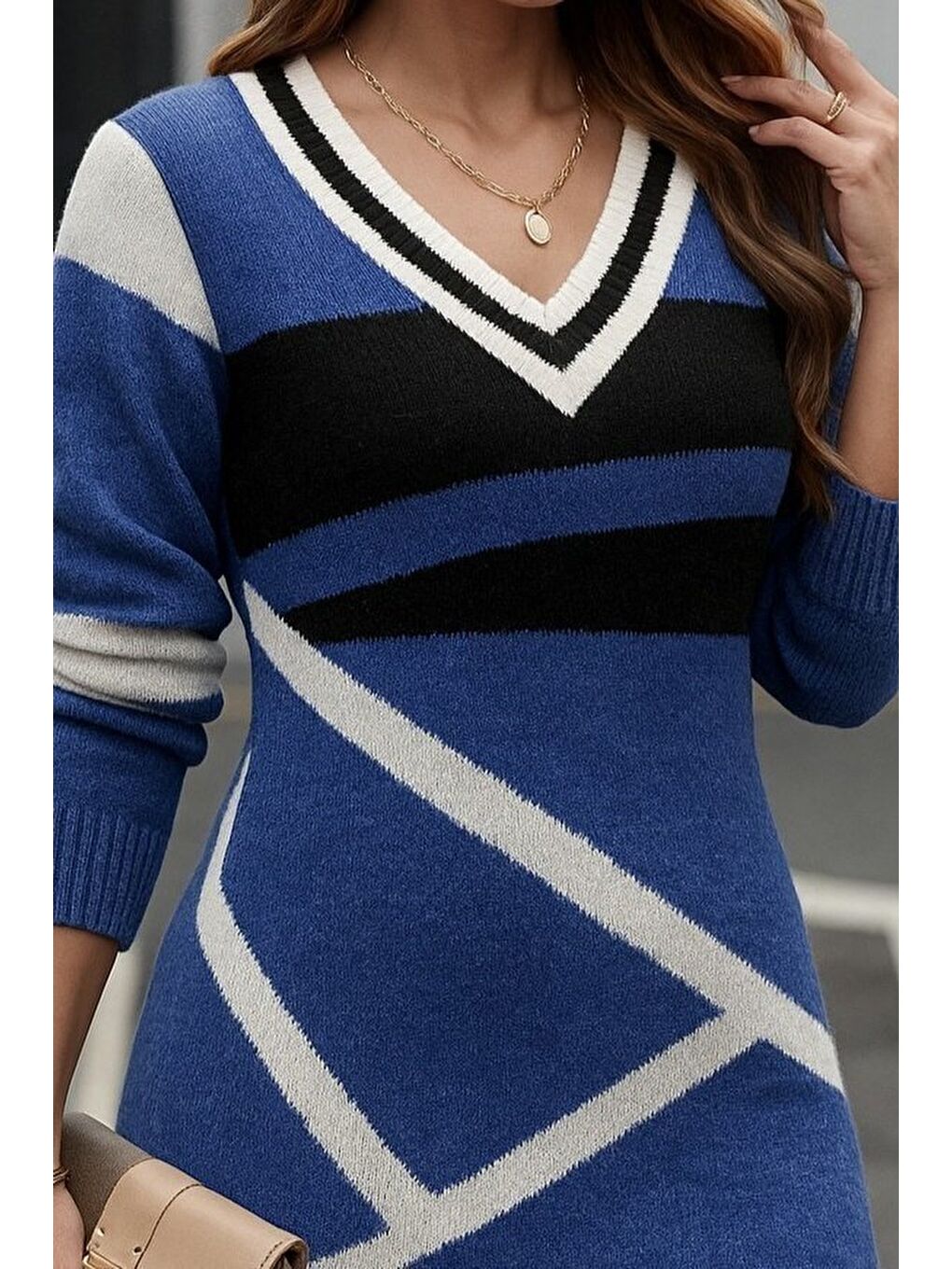 Mavi Kadın Uzun Kollu V Yakalı Kısa Triko Elbise-1