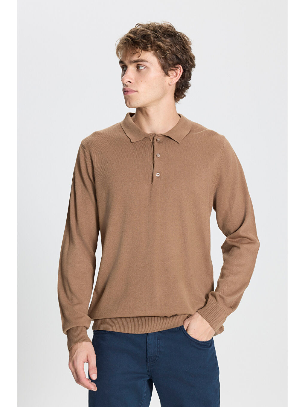 Bej Erkek Vizon Tüylenme Yapmayan Anti Pilling Kumaş Standart Fit Polo Yaka Triko