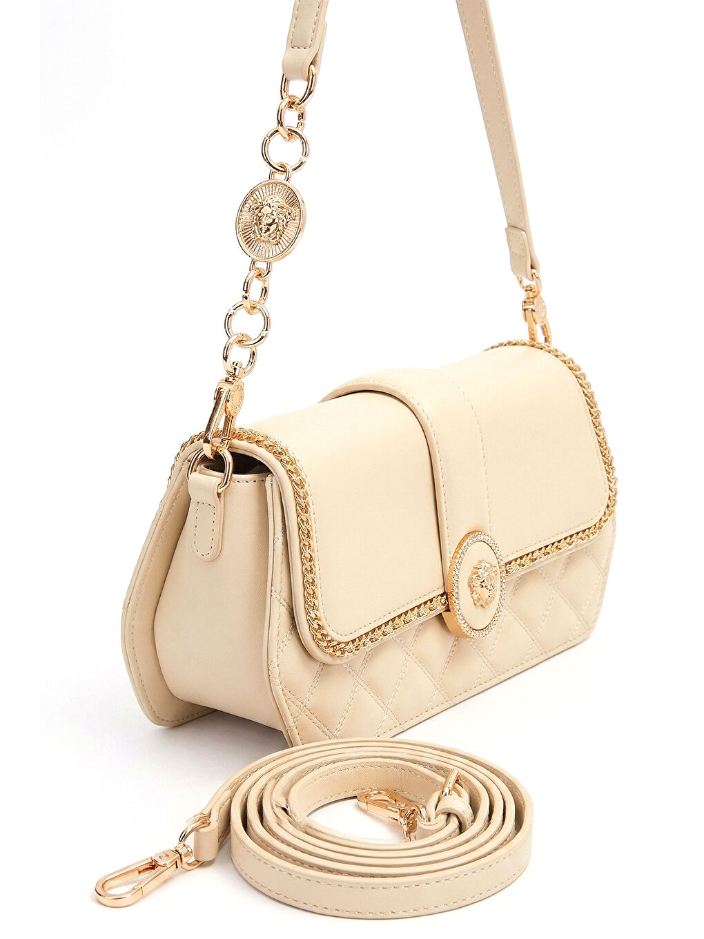 Ekru Çift Askılı Sert Deri Premium Çanta 930389 Krem-3