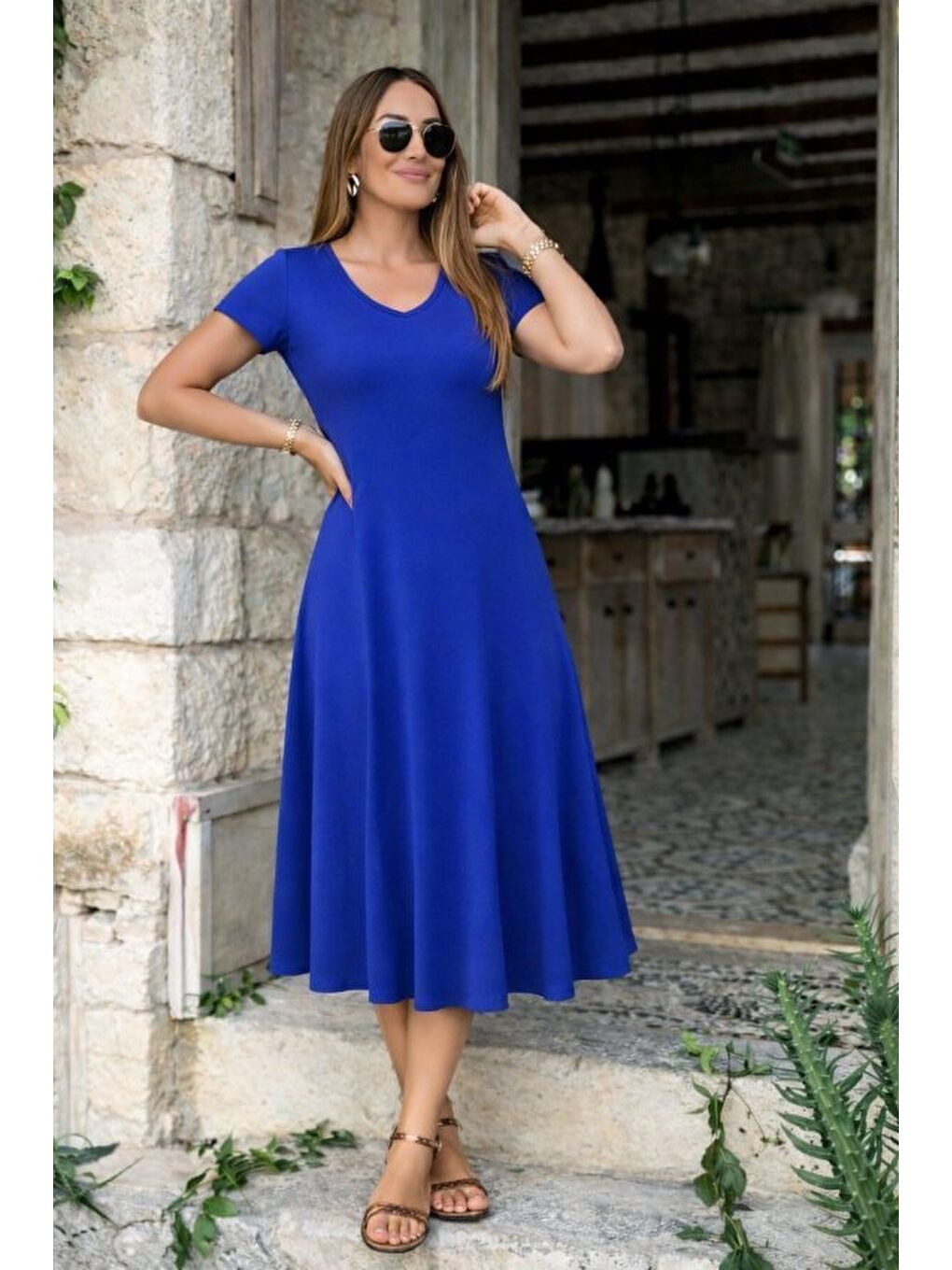 Mavi Kadın Kısa Kollu V Yakalı Yırtmaçlı Midi Viskon Elbise-1