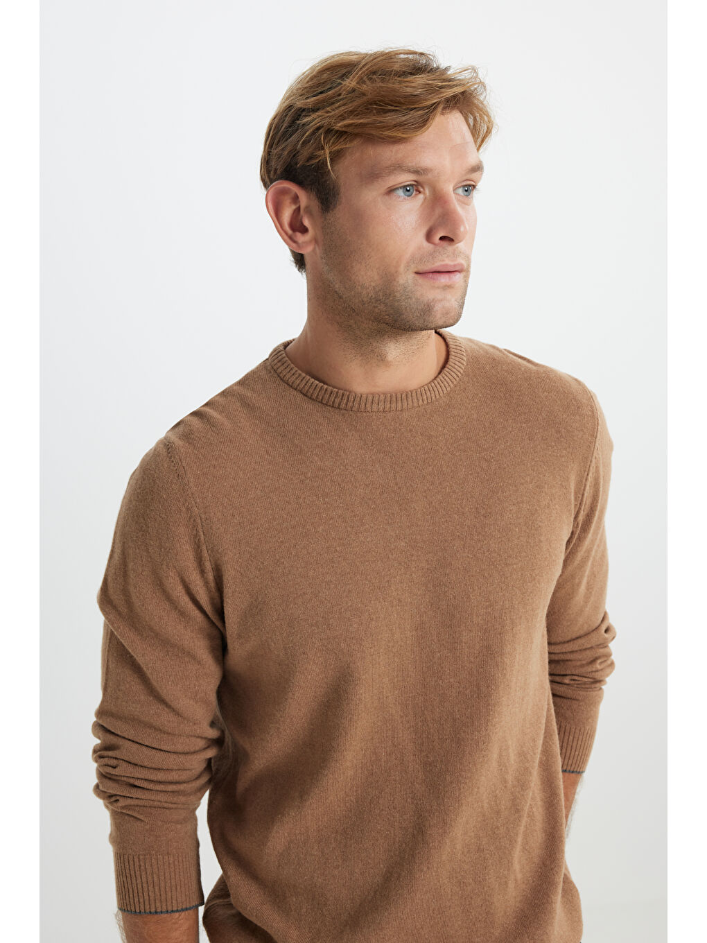 Bej Erkek Vizon Sıcak Tutan Yün Standart Fit Normal Kesim Bisiklet Yaka Triko Kazak-4