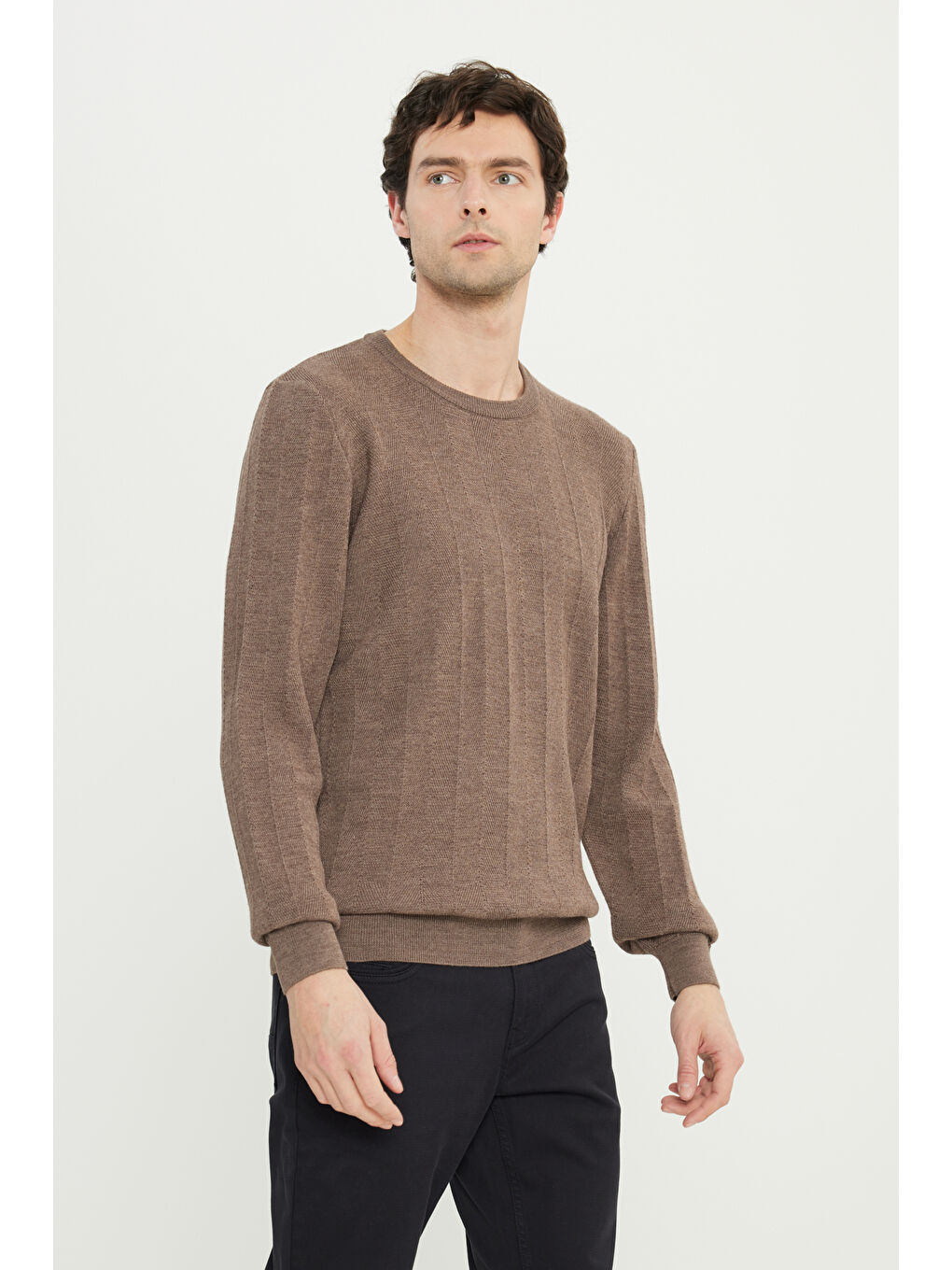 Erkek Kahverengi Yün Standart Fit Normal Kesim Bisiklet Yaka Jakarlı Triko Kazak-2