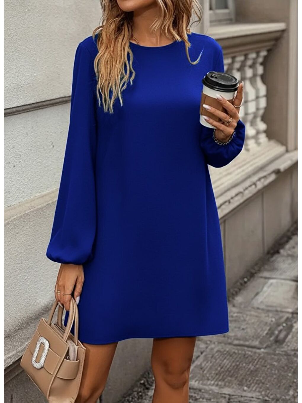Mavi Kadın Uzun Kollu Yuvarlak Yaka Mini Ithal Krep Elbise