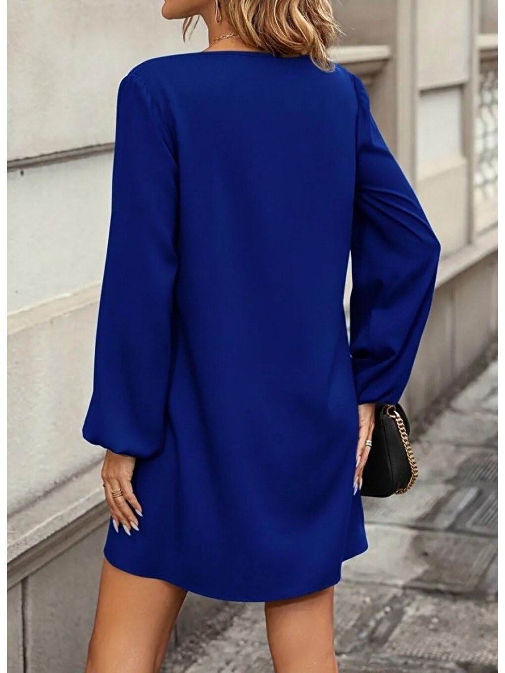 Mavi Kadın Uzun Kollu Yuvarlak Yaka Mini Ithal Krep Elbise-1