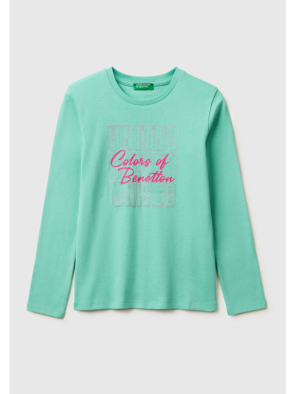 Yeşil Kız Çocuk Mint Simli Logo Detaylı Bisiklet Yaka Uzun Kollu T-Shirt