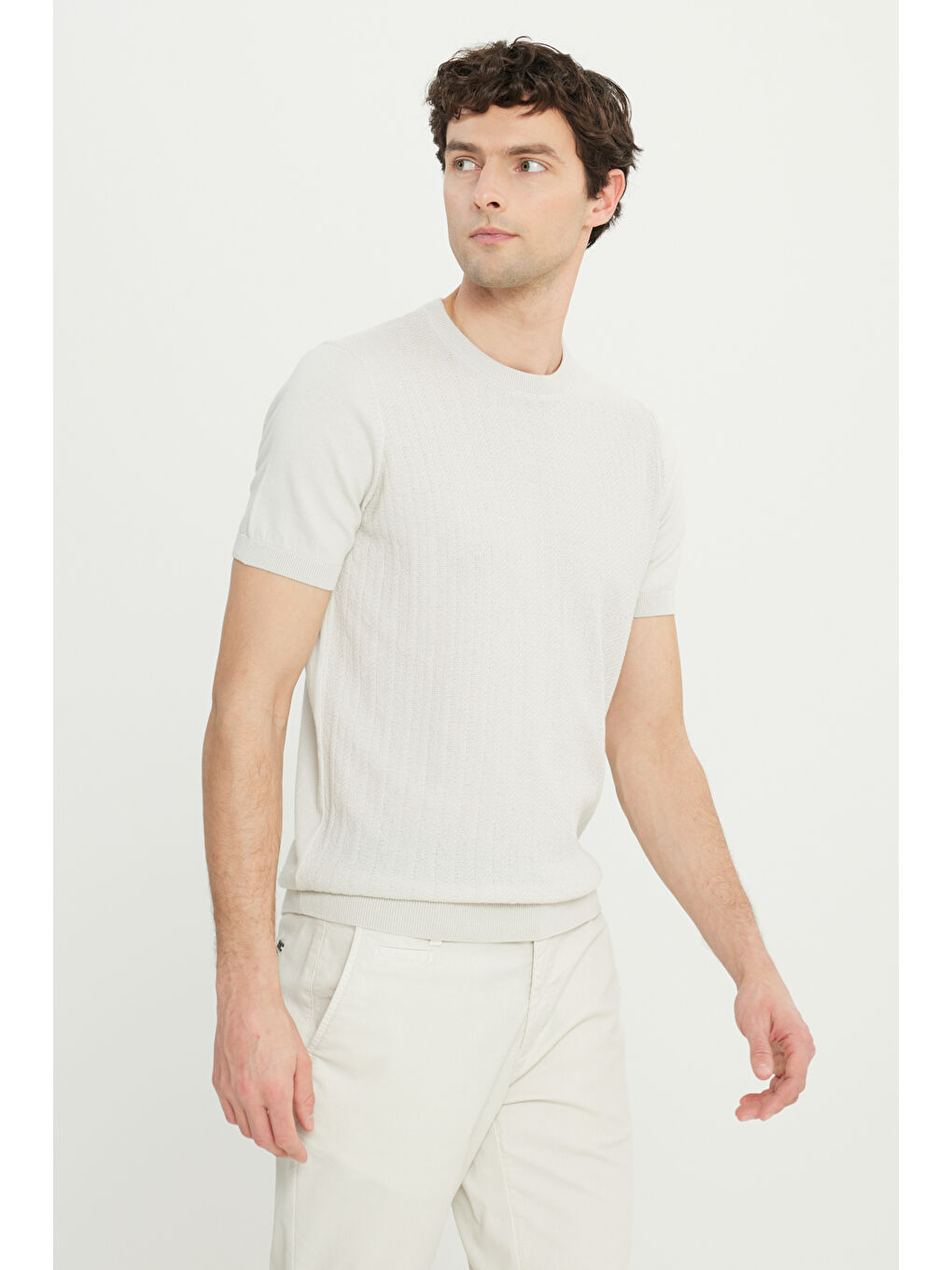 Erkek Açık Gri %100 Pamuk Standart Fit Normal Kesim Bisiklet Yaka Jakarlı Triko Tişört-2