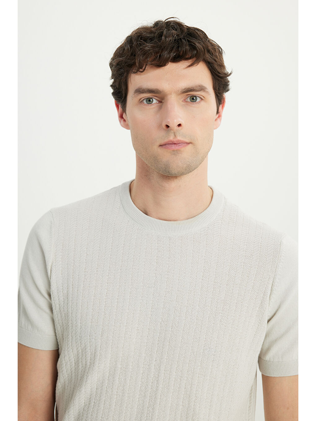 Erkek Açık Gri %100 Pamuk Standart Fit Normal Kesim Bisiklet Yaka Jakarlı Triko Tişört-3