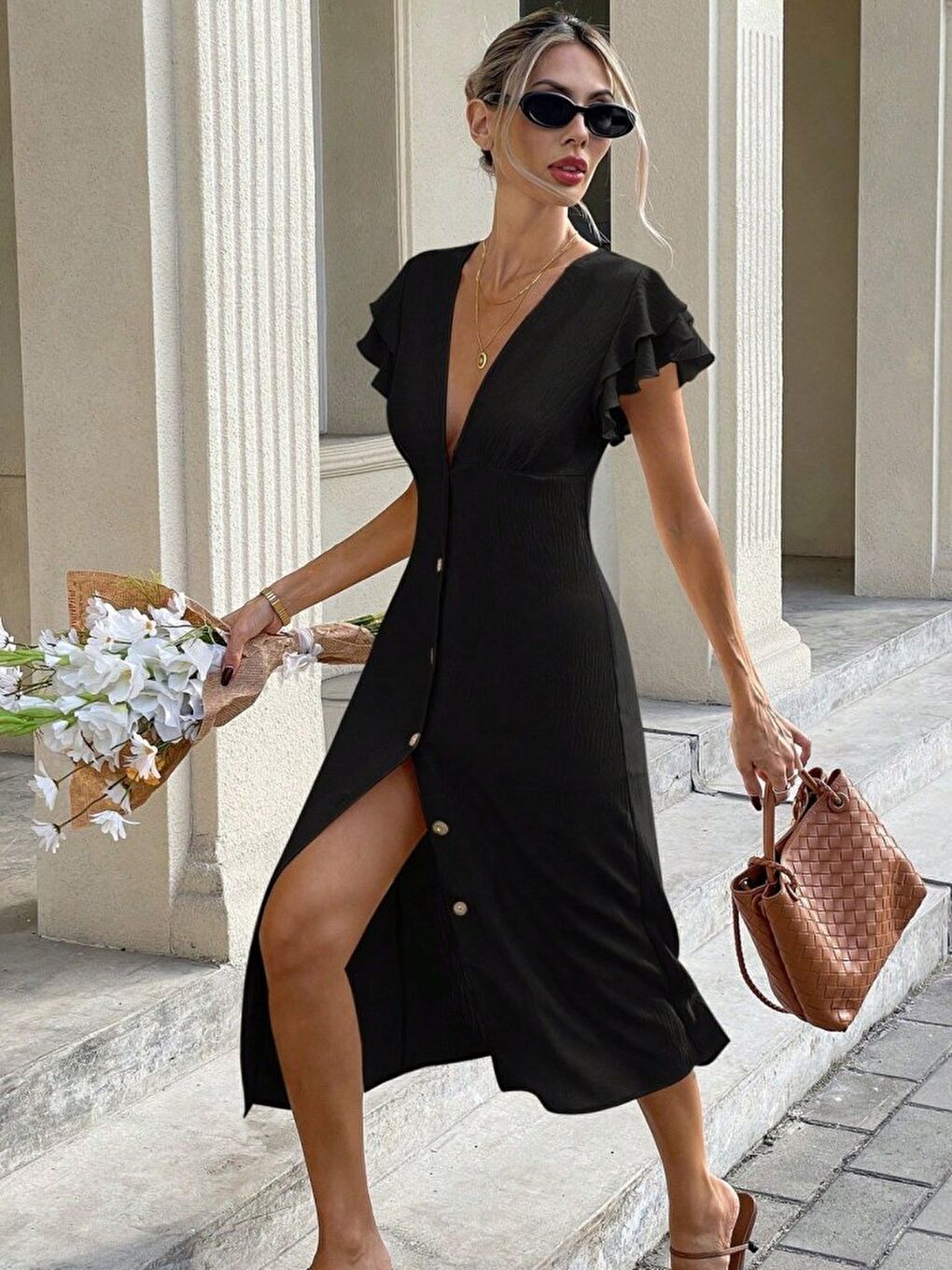 Siyah Kadın Kısa Kollu V Yakalı önden Düğmeli Bürümcük Midi Elbise-1