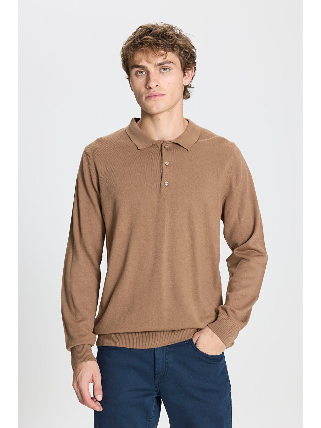 Bej Erkek Vizon Tüylenme Yapmayan Anti Pilling Kumaş Standart Fit Polo Yaka Triko-2