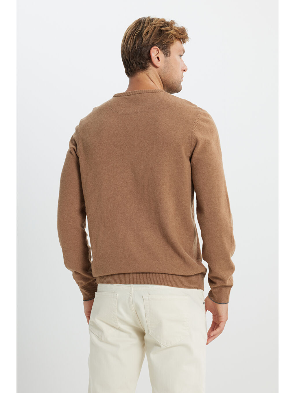 Bej Erkek Vizon Sıcak Tutan Yün Standart Fit Normal Kesim Bisiklet Yaka Triko Kazak-6