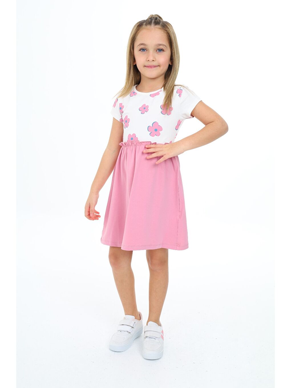 Pembe Kız Çocuk Baskılı Elbise-1