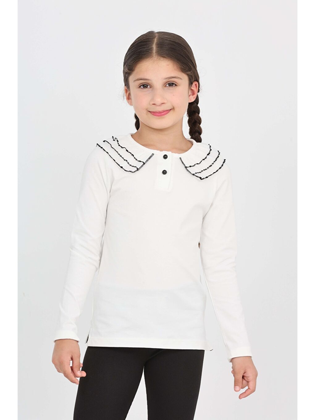 Ekru Kız Çocuk Okul Yakası Güpürlü Tişört-3