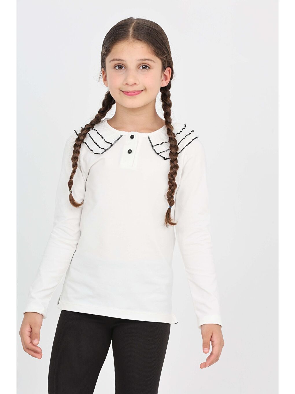 Ekru Kız Çocuk Okul Yakası Güpürlü Tişört-5