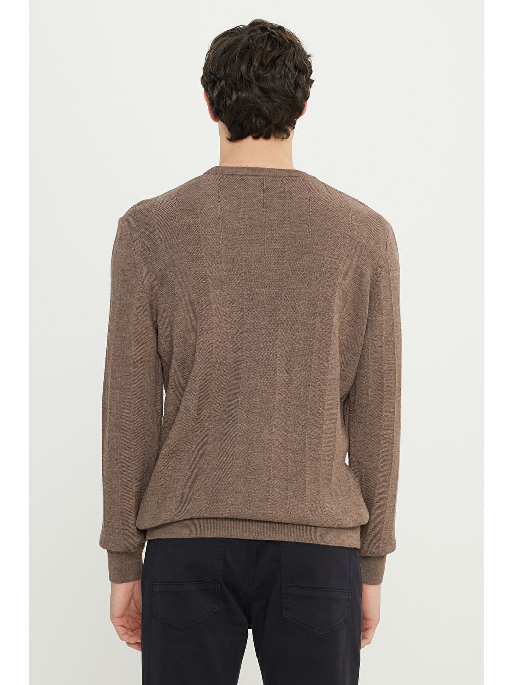 Erkek Kahverengi Yün Standart Fit Normal Kesim Bisiklet Yaka Jakarlı Triko Kazak-4