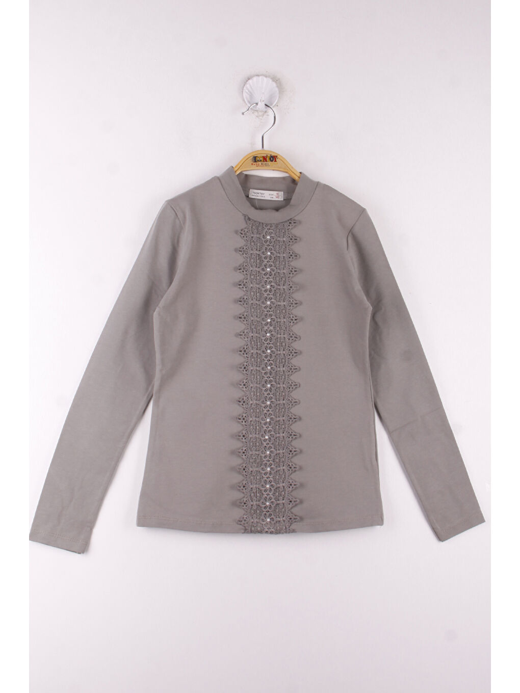 Gri Kız Çocuk Önü Dantelli Okul Tişört-2