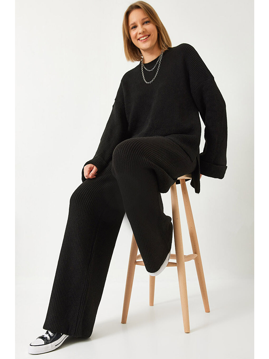 Siyah Kadın Şardonlu Kol Detaylı Triko Alt Üst Takım