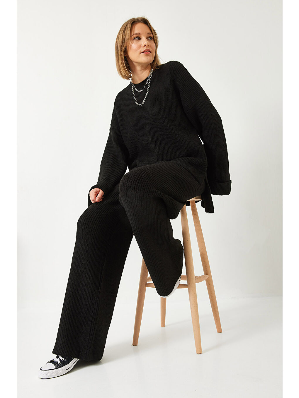 Siyah Kadın Şardonlu Kol Detaylı Triko Alt Üst Takım-1