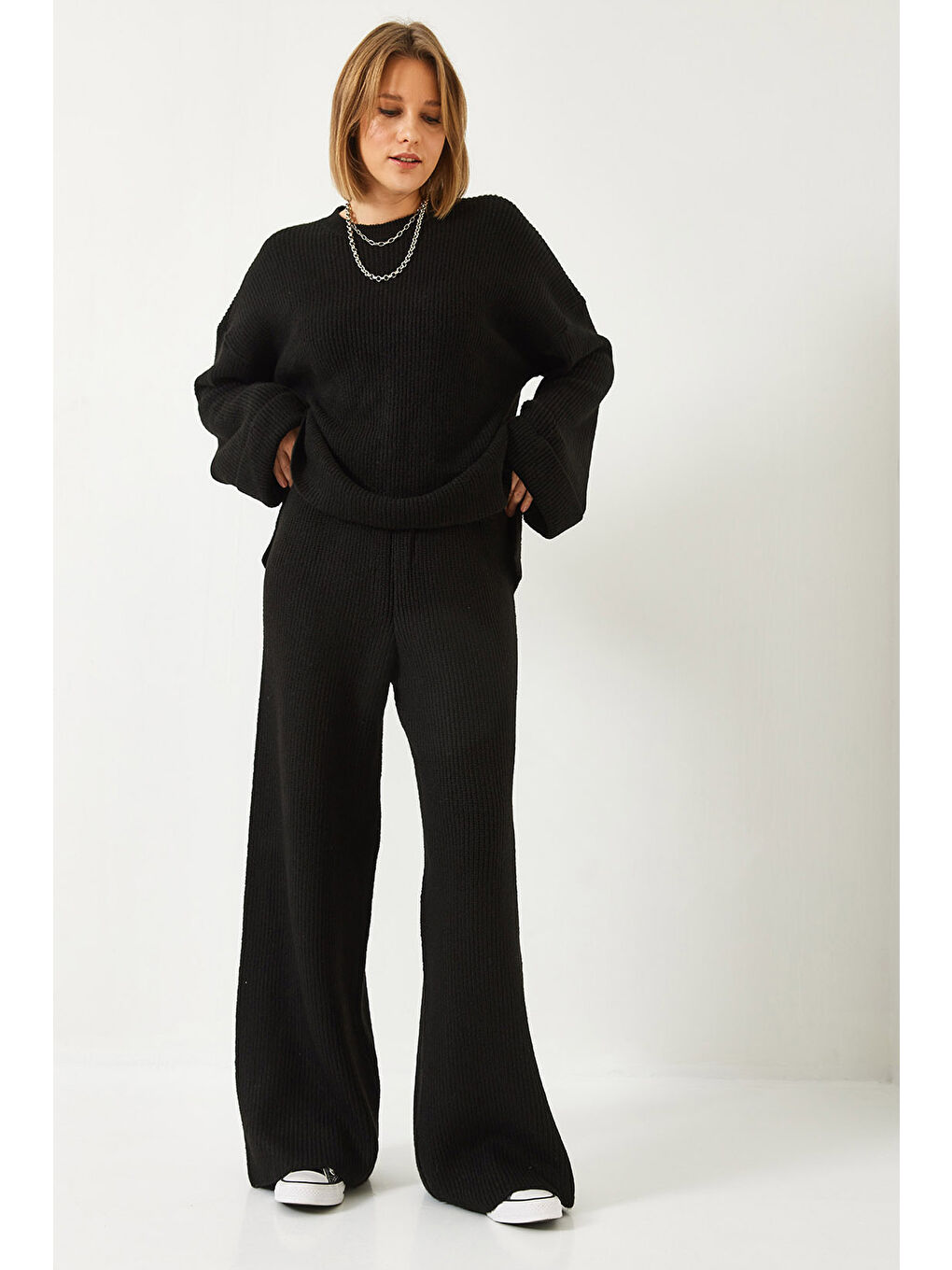 Siyah Kadın Şardonlu Kol Detaylı Triko Alt Üst Takım-2