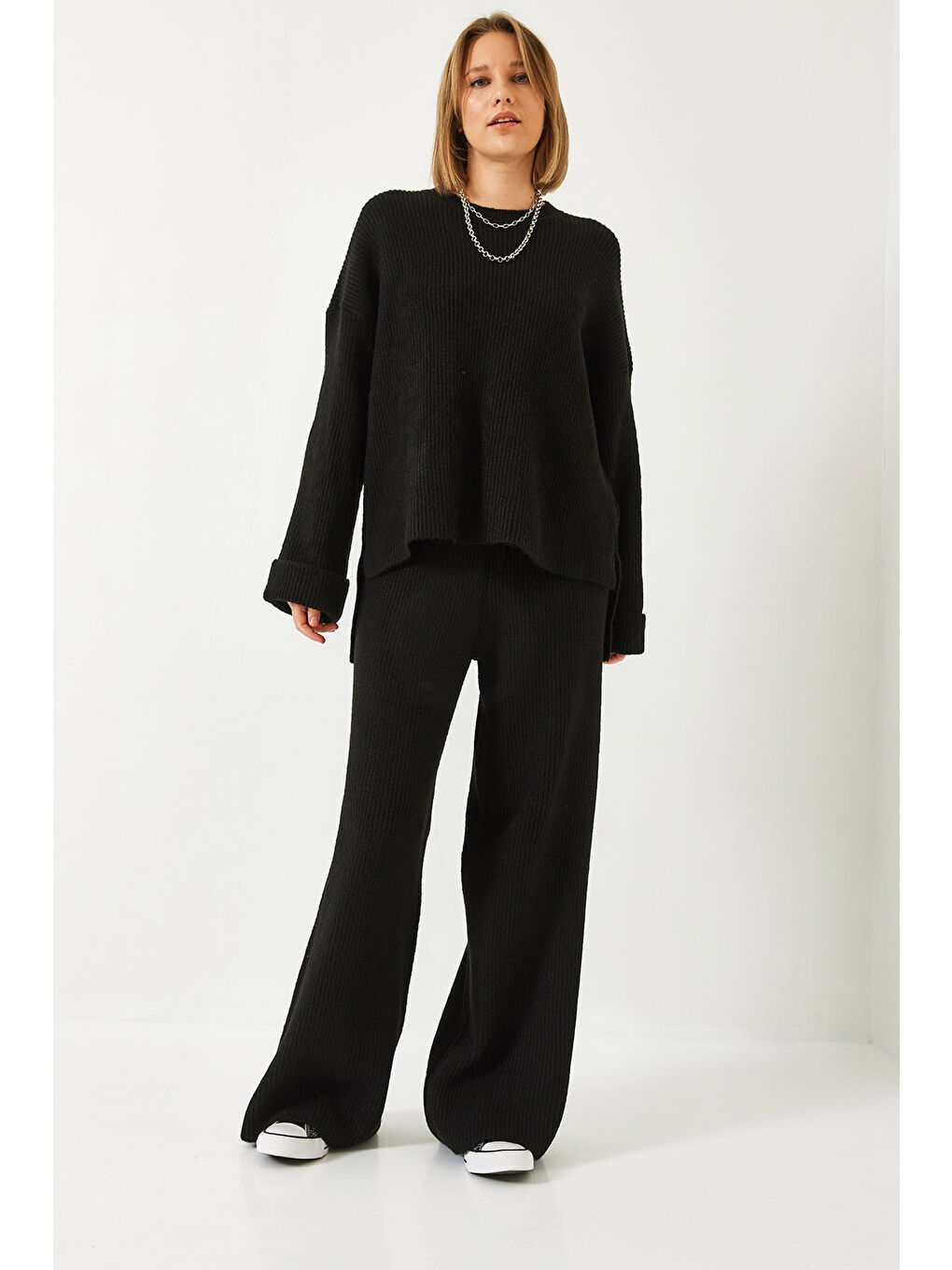 Siyah Kadın Şardonlu Kol Detaylı Triko Alt Üst Takım-3