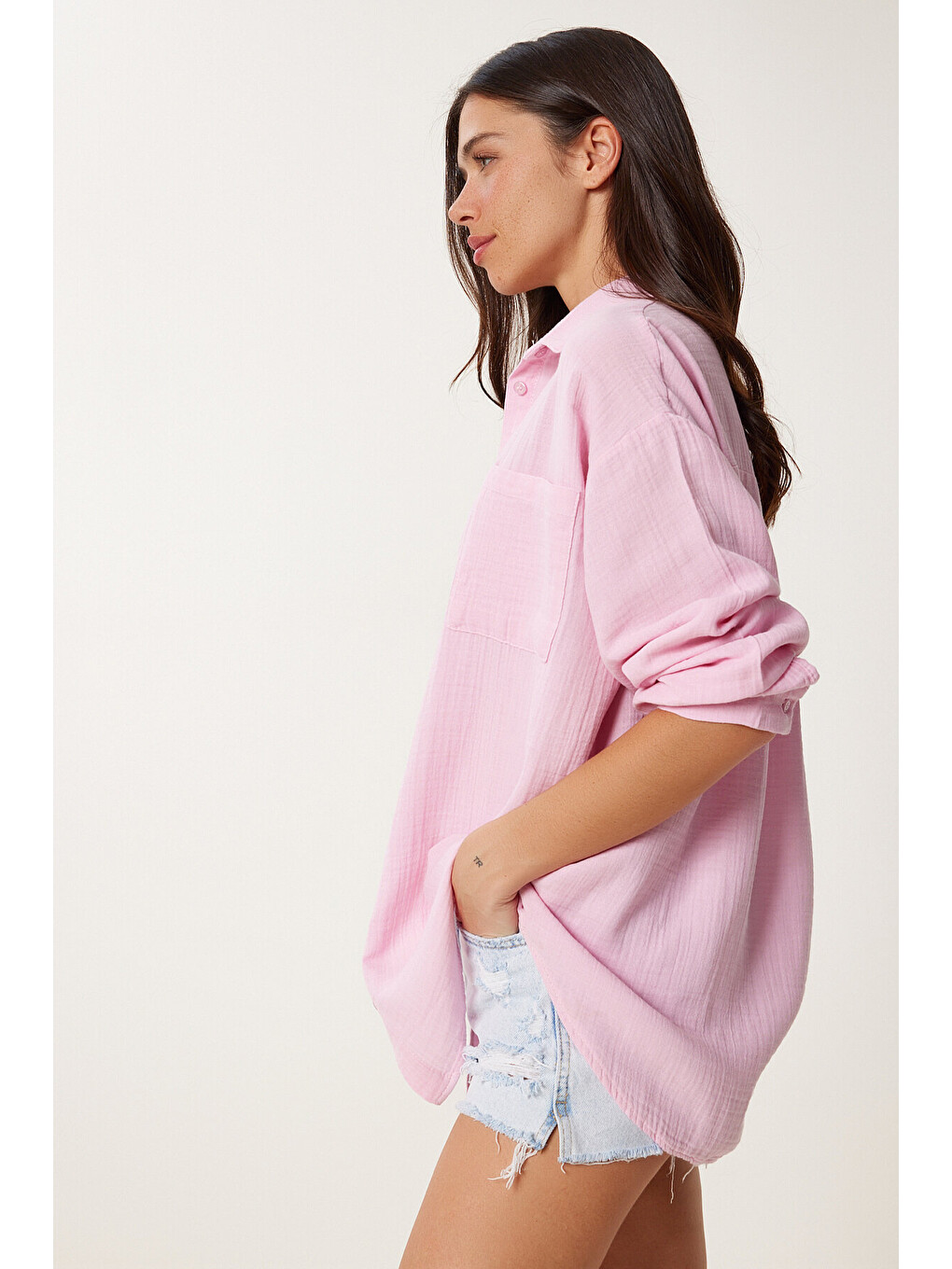 Pembe Oversize Basic Müslin Gömlek ŞEKER PEMBE LMX0002-1