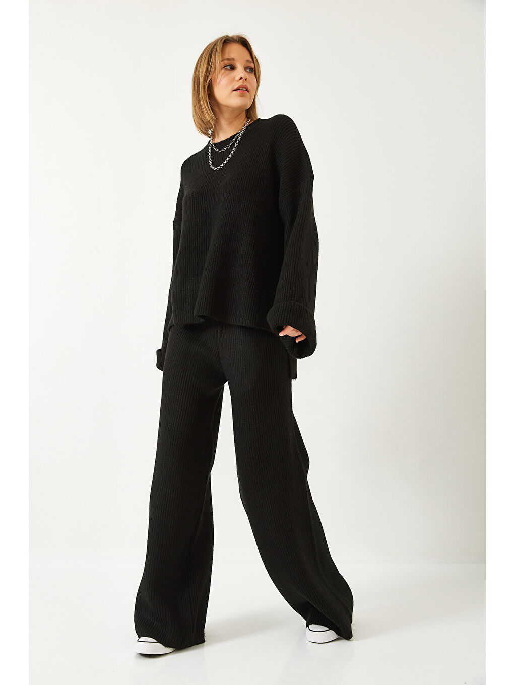 Siyah Kadın Şardonlu Kol Detaylı Triko Alt Üst Takım-4