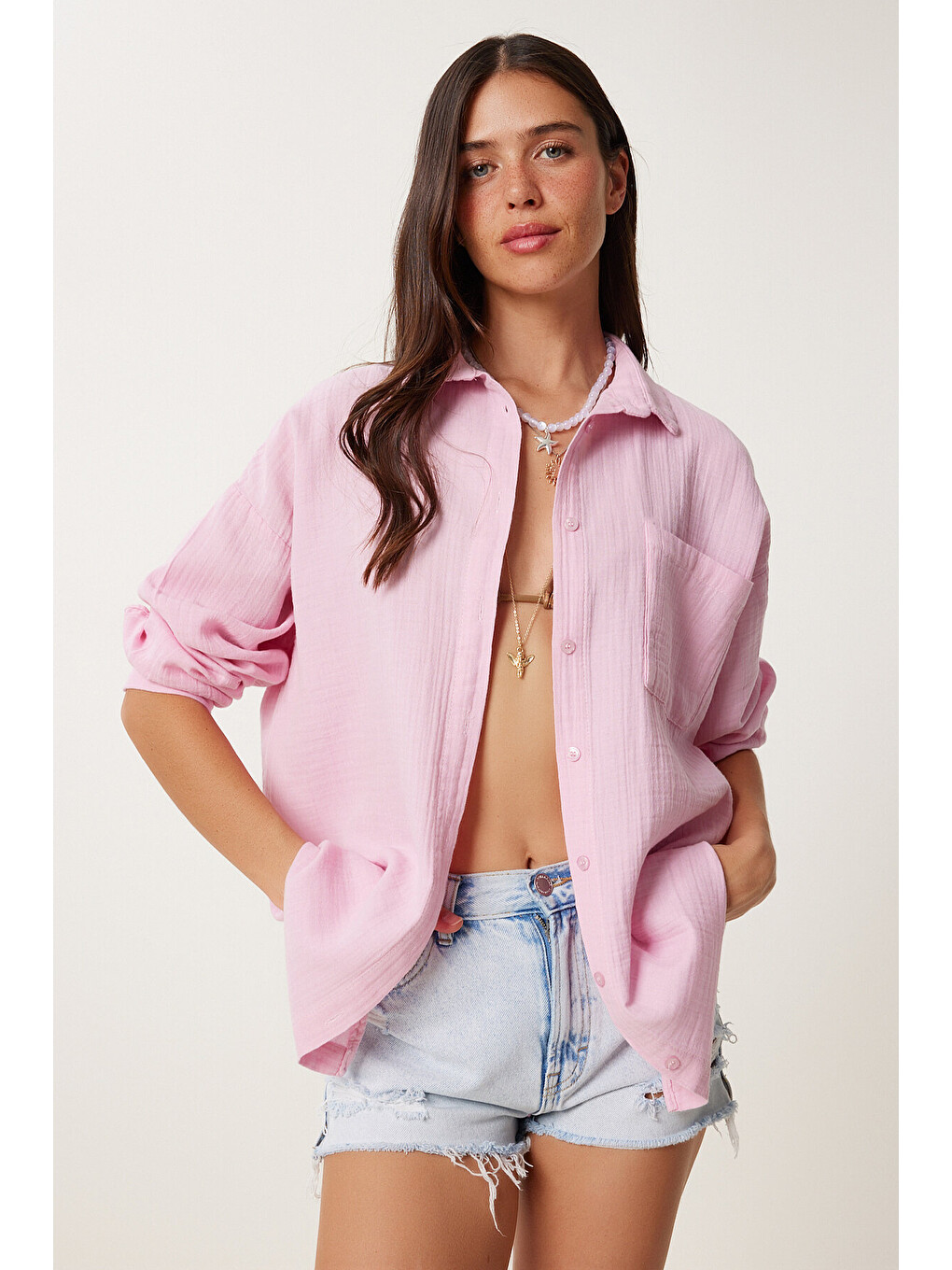 Pembe Oversize Basic Müslin Gömlek ŞEKER PEMBE LMX0002-2