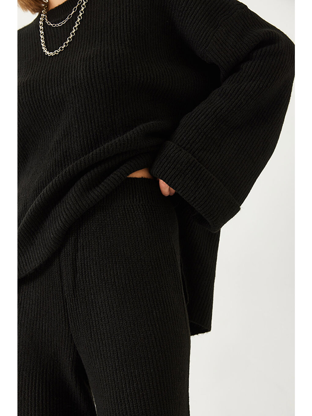 Siyah Kadın Şardonlu Kol Detaylı Triko Alt Üst Takım-5