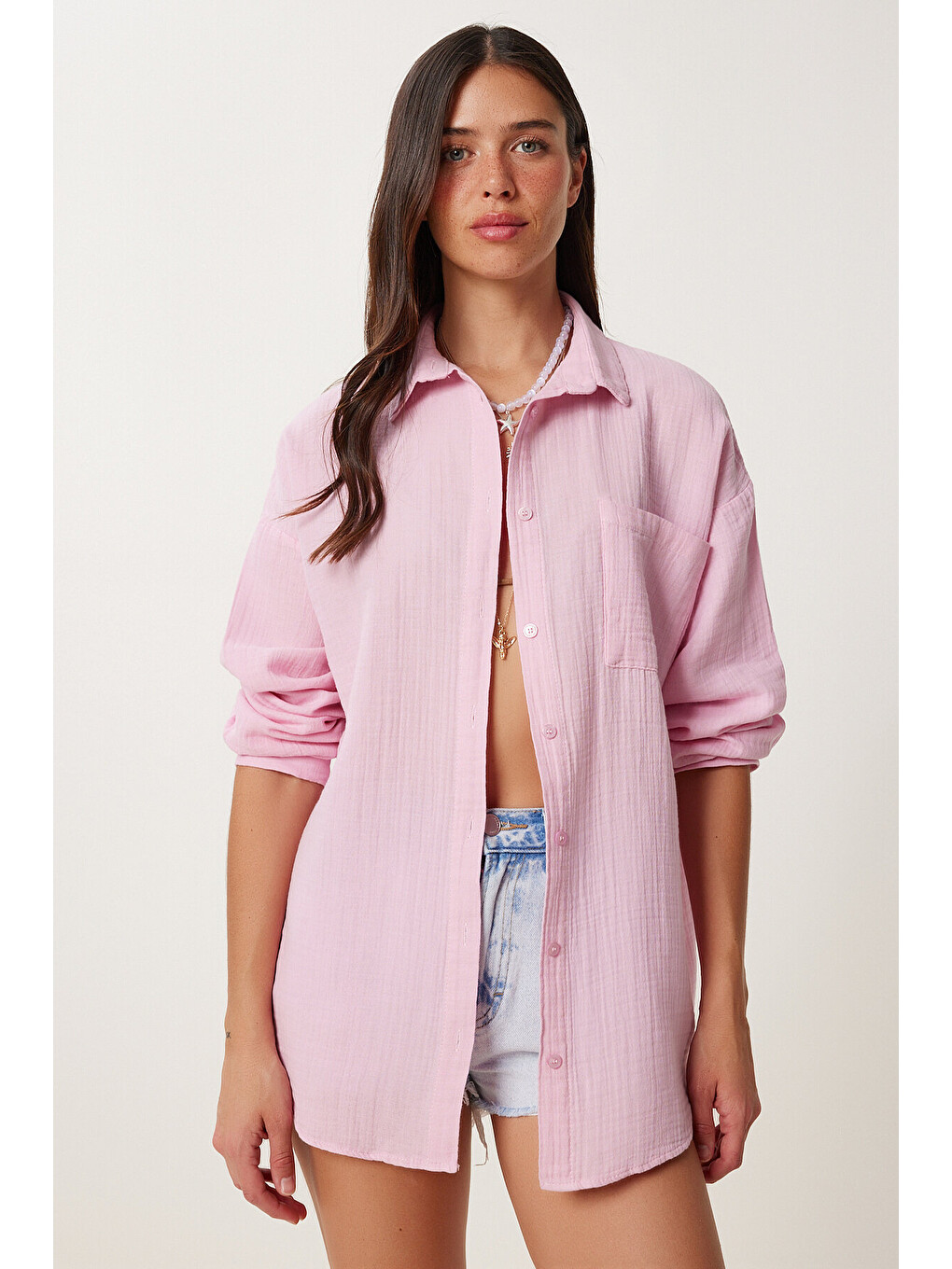 Pembe Oversize Basic Müslin Gömlek ŞEKER PEMBE LMX0002-3