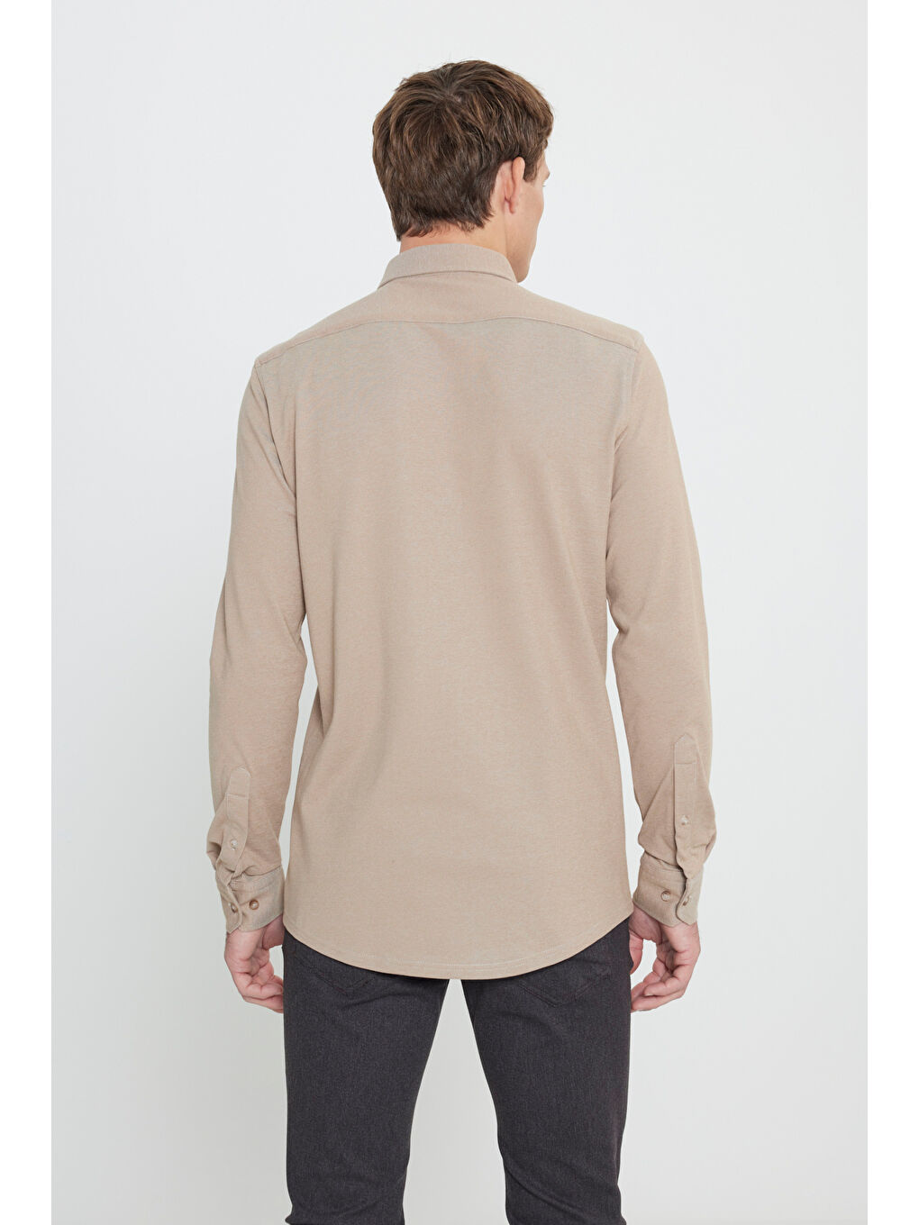 Bej Erkek Vizon Pamuklu Örme Slim Fit Dar Kesim Düğmeli Yaka Gömlek-4