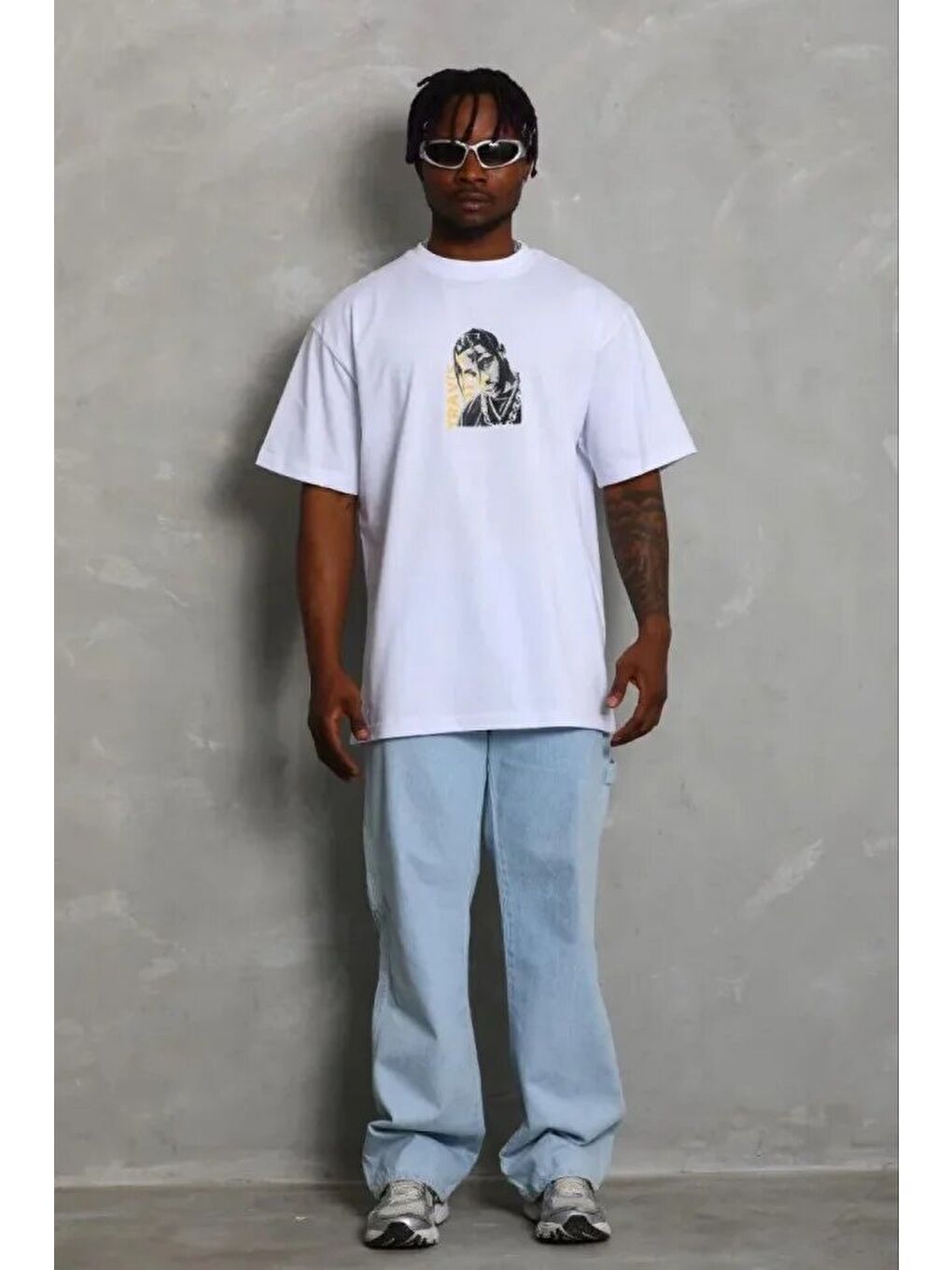 Beyaz Erkek Baskılı Tişört-1