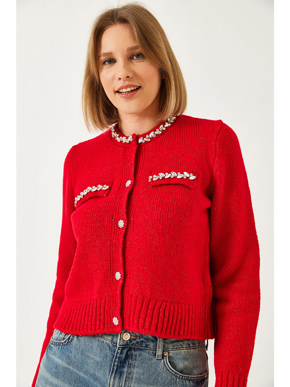 Kırmızı Kadın İnci Taş İşlemeli Triko Hırka-1