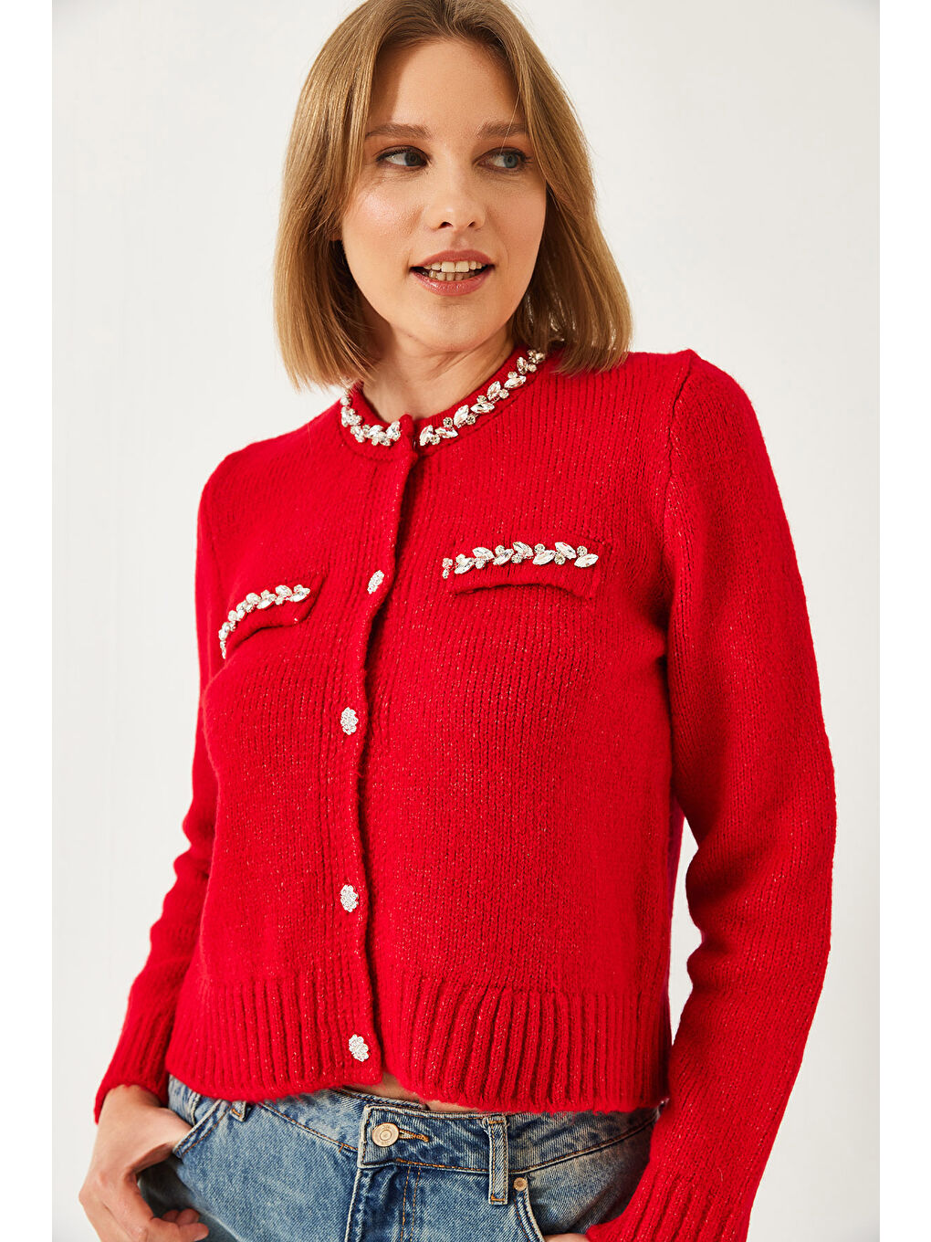 Kırmızı Kadın İnci Taş İşlemeli Triko Hırka-2