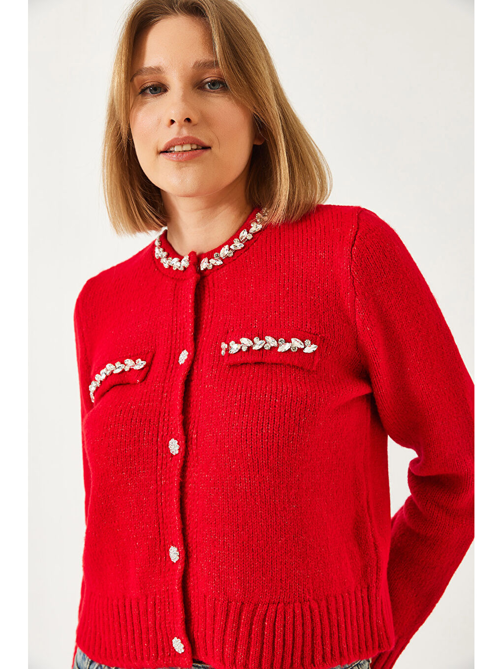 Kırmızı Kadın İnci Taş İşlemeli Triko Hırka-3