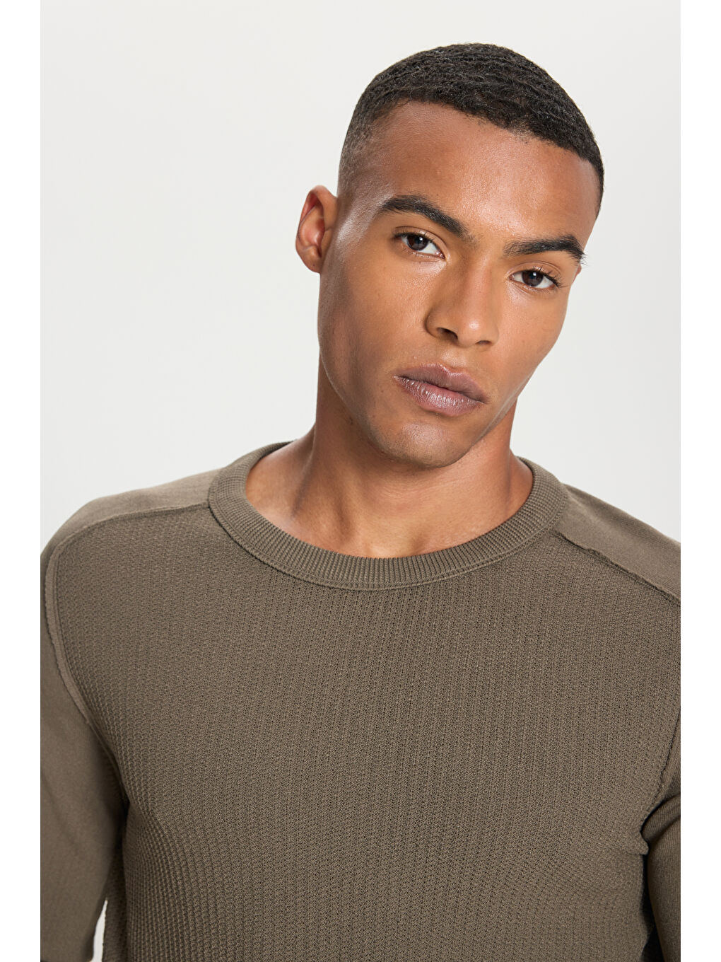 Erkek Haki Standart Fit Normal Kesim Bisiklet Yaka Jakarlı Triko Kazak-3