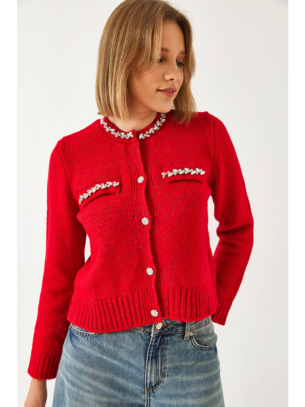 Kırmızı Kadın İnci Taş İşlemeli Triko Hırka-4