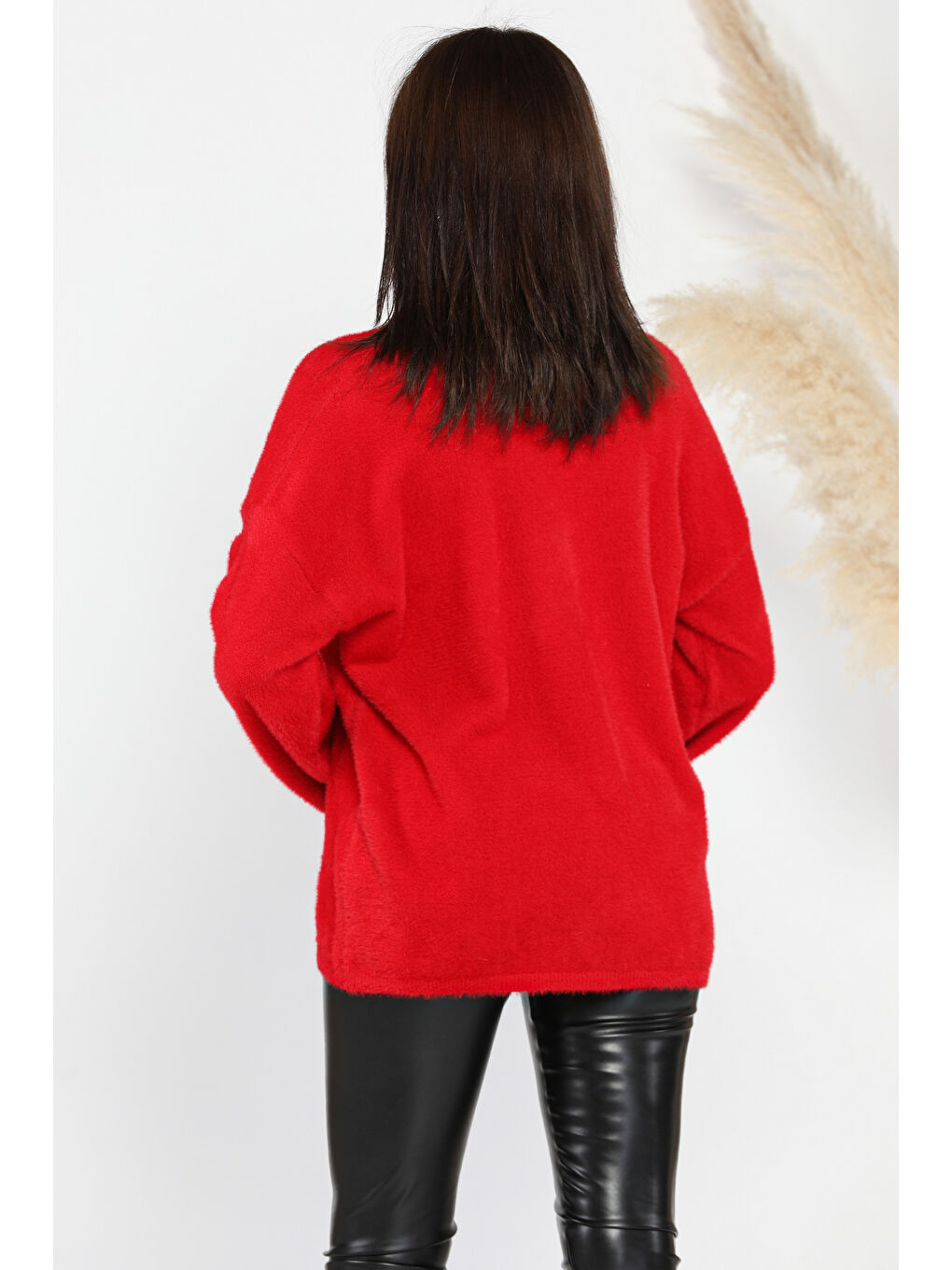 Kırmızı Bisiklet Yaka Kadın Sakallı Triko Kazak-2