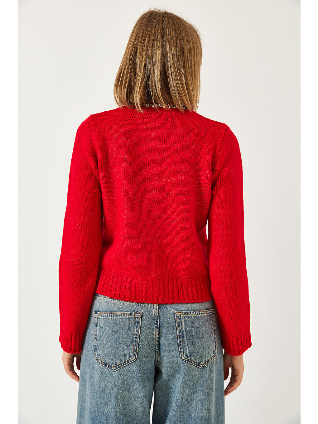 Kırmızı Kadın İnci Taş İşlemeli Triko Hırka-5